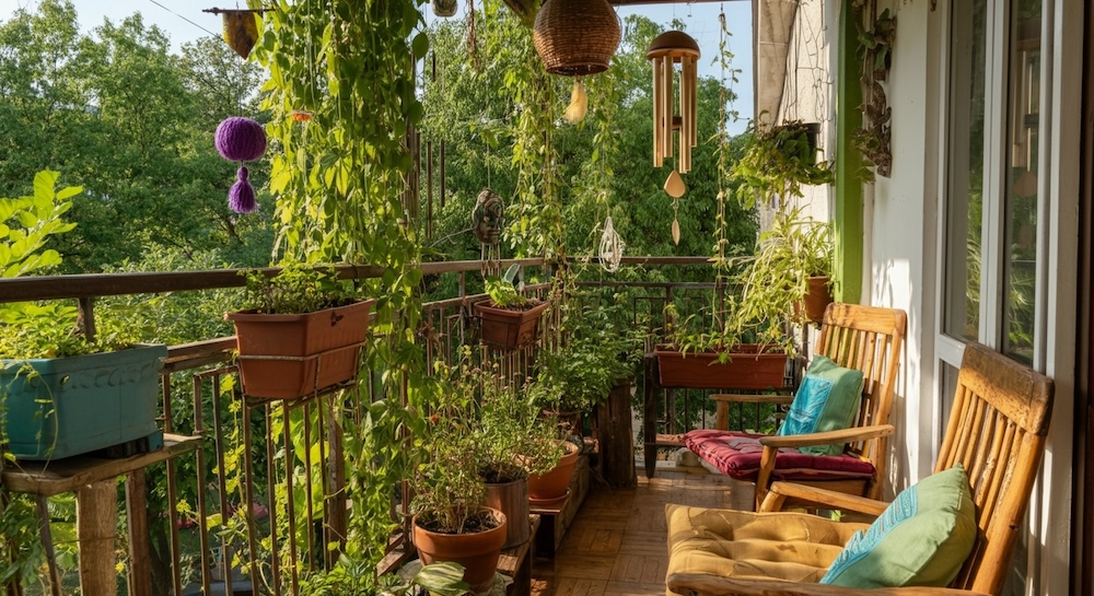 balkon z roślinami na barierce i wiszącymi dekoracjami 