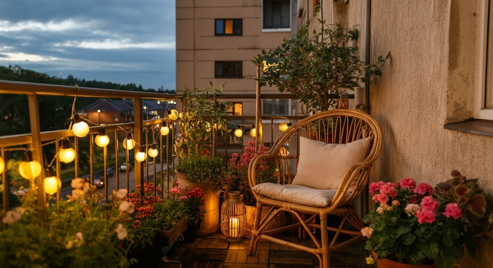 wąski balkon z kwiatami i krzesłem z wikliny obok barierki z lampkami 