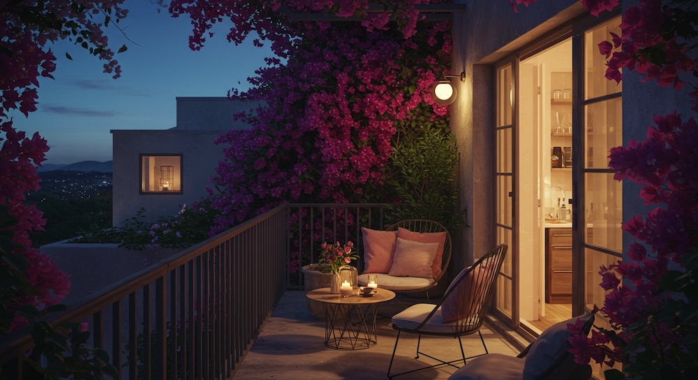 balkon wieczorem z zapalonymi światłami i świecami 