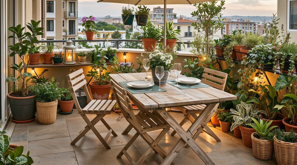 balkon ze stołem i krzesłami z drewna obok roślin w doniczkach 