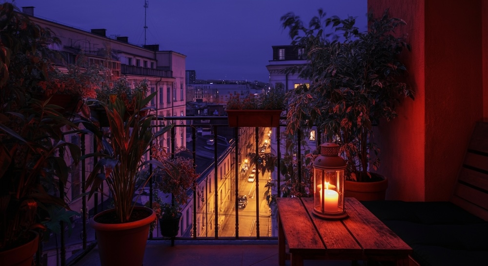 balkon wieczorem ze stolikiem z drewna i zapaloną latarnią 