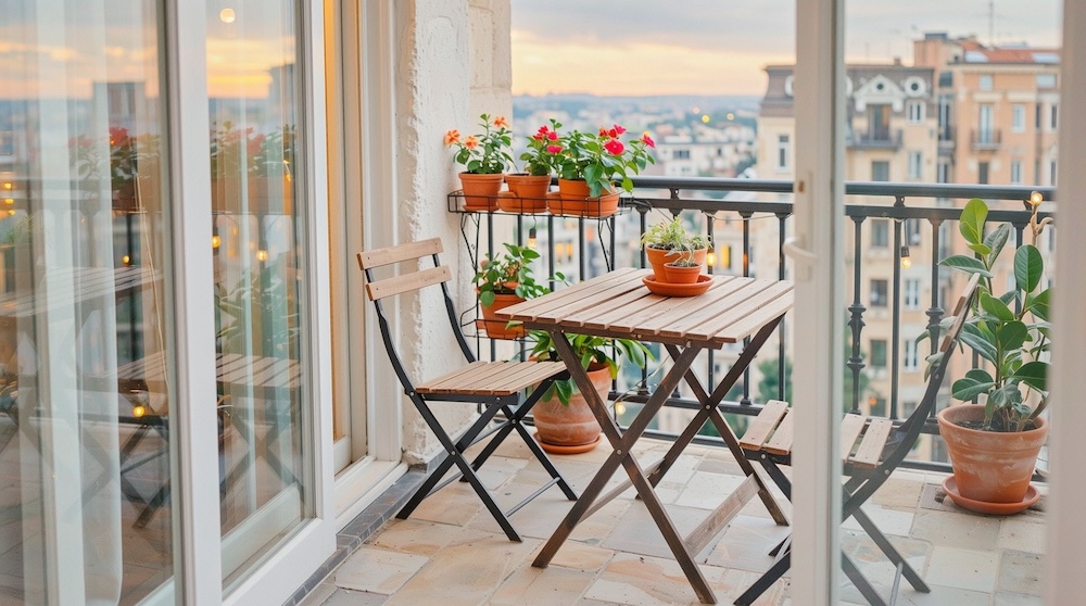 wąski balkon z kwadratowy stolikiem i dwoma krzesłami obok barierki z roślinami w donicach 