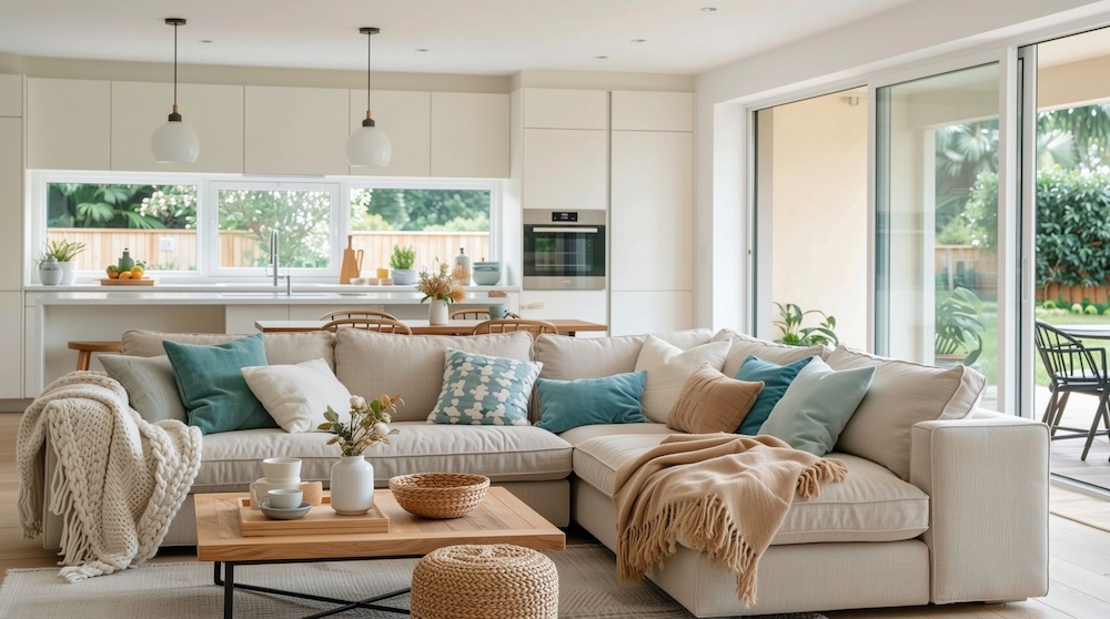 jasna sofa z niebieskimi poduszkami i niskim stolikiem na kawę w salonie z kuchnią 