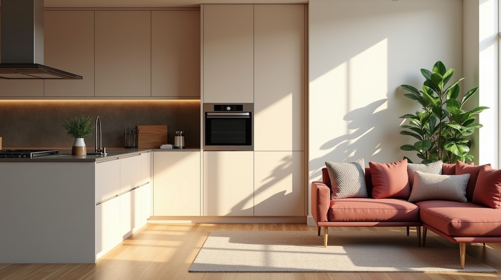 kuchnia z wyspą i kremowymi szafkami obok sofy z poduszkami 