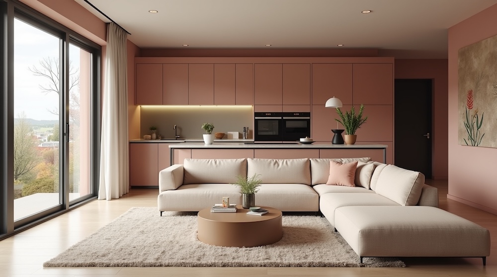 salon z kuchnią z różową zabudową i ścianami 