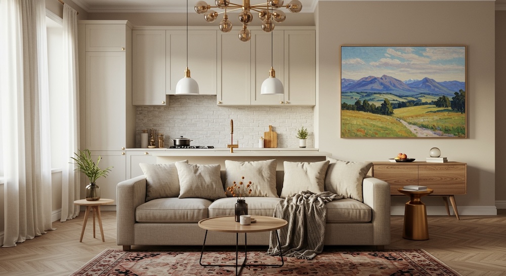 salon z kuchnią w klasycznym stylu z białą zabudową i sofą ze stolikiem kawowym na dywanie 