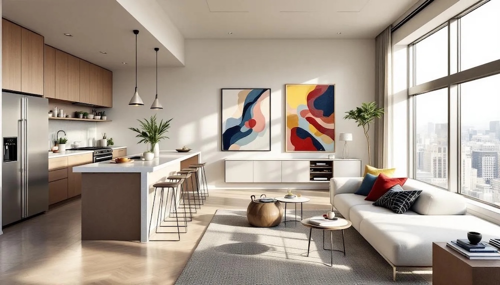 salon z kuchnią z drewnianymi frontami i wyspą z krzesłami 