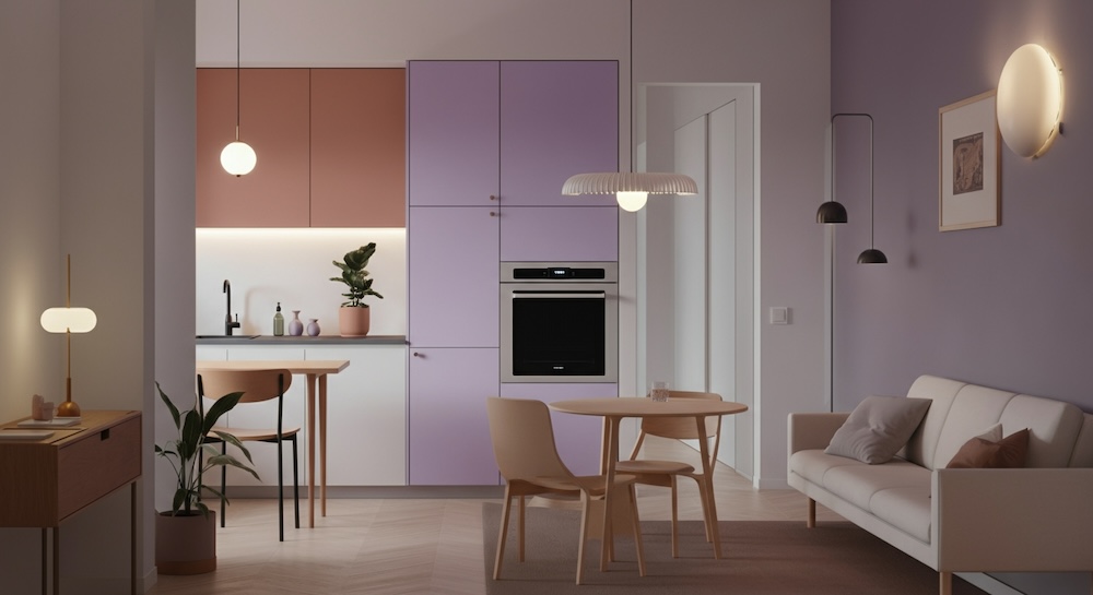 salon z kuchnią z kolorowymi frontami i stołem z dwoma krzesłami 
