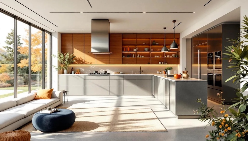 salon z kuchnią z szarymi frontami przy podłodze i drewnianymi szafkami widzącymi 