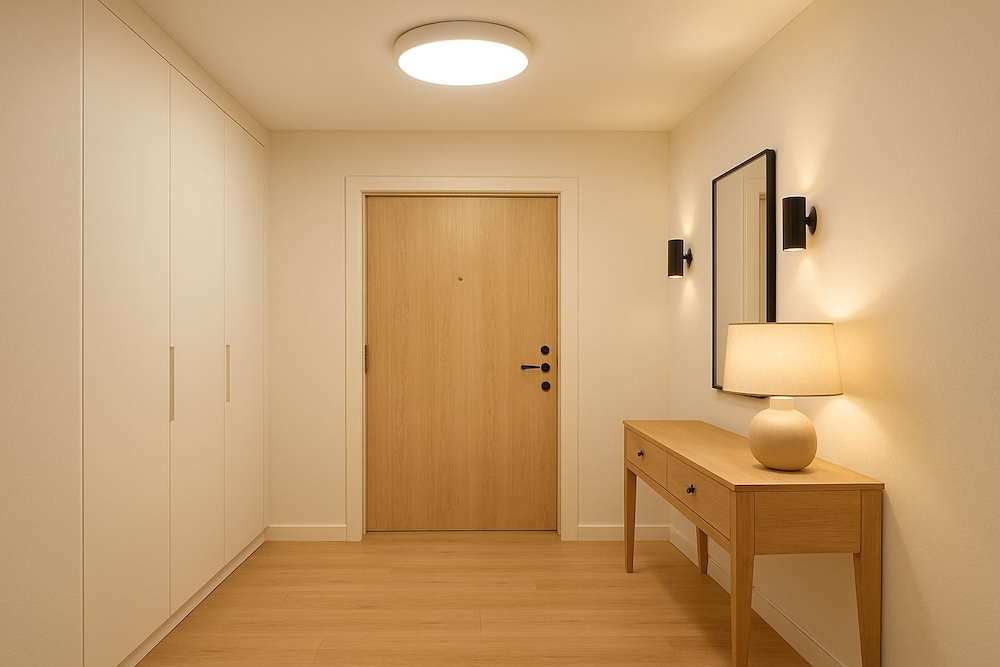 aranżacje przedpokoju z białymi ścianami i drewnianą szafką z lampą  aranżacje przedpokoju z drewnianą komodą pod ścianą z lustrem i kinkietami