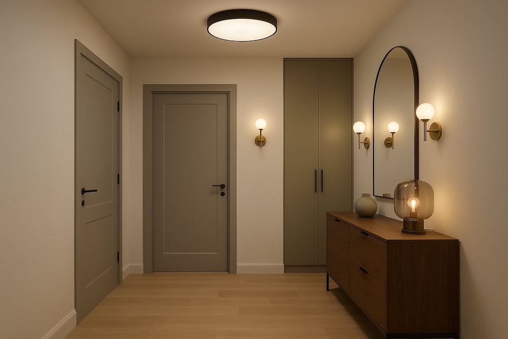 aranżacje przedpokoju z oświetleniem sufitowym i wokół lustra  aranżacje przedpokoju z lustrem nad komodą i dwoma złotymi kinkietami