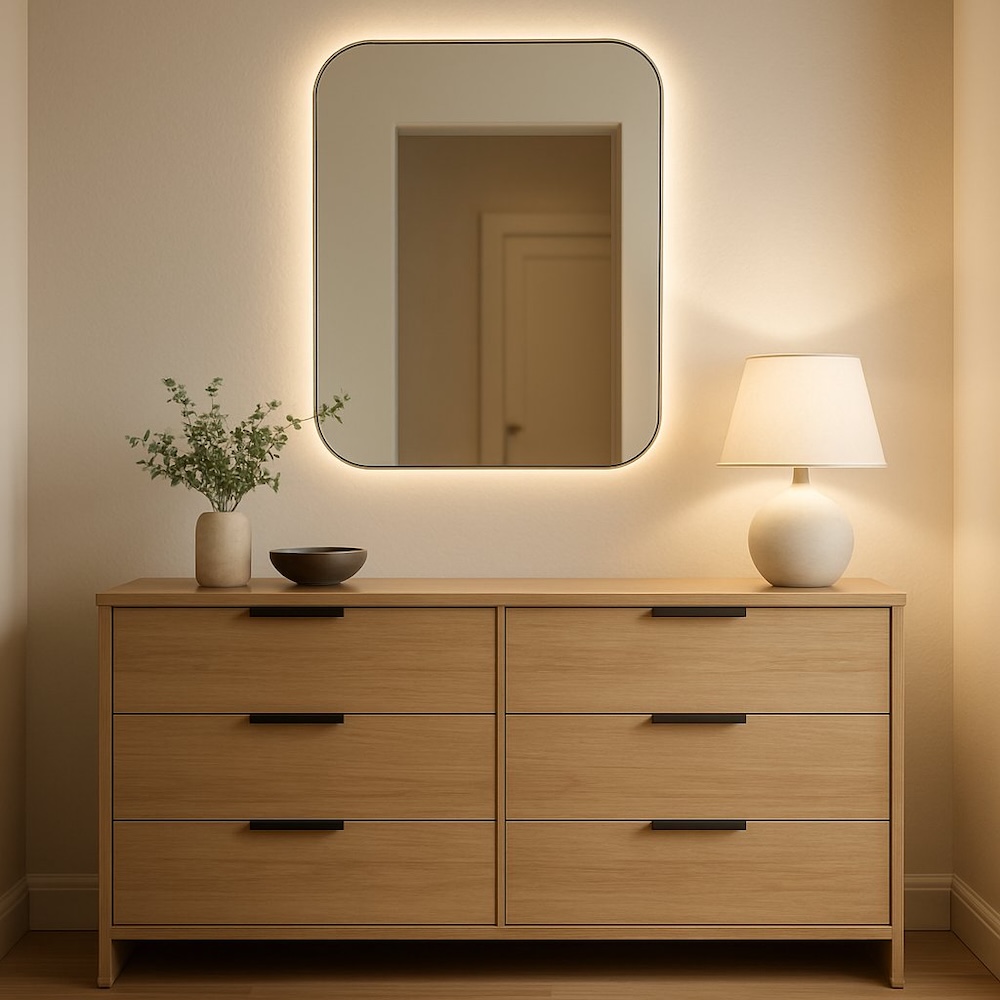 aranżacje przedpokoju z drewnianą szafką pod oświetlonym lustrem  aranżacje przedpokoju z podświetlonym lustrem nad komodą