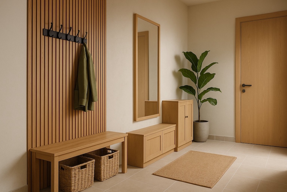 aranżacje przedpokoju w stylu japandi z lamelami na ścianie i ławką  aranżacje przedpokoju z meblami drewnianymi i lustrem na ścianie