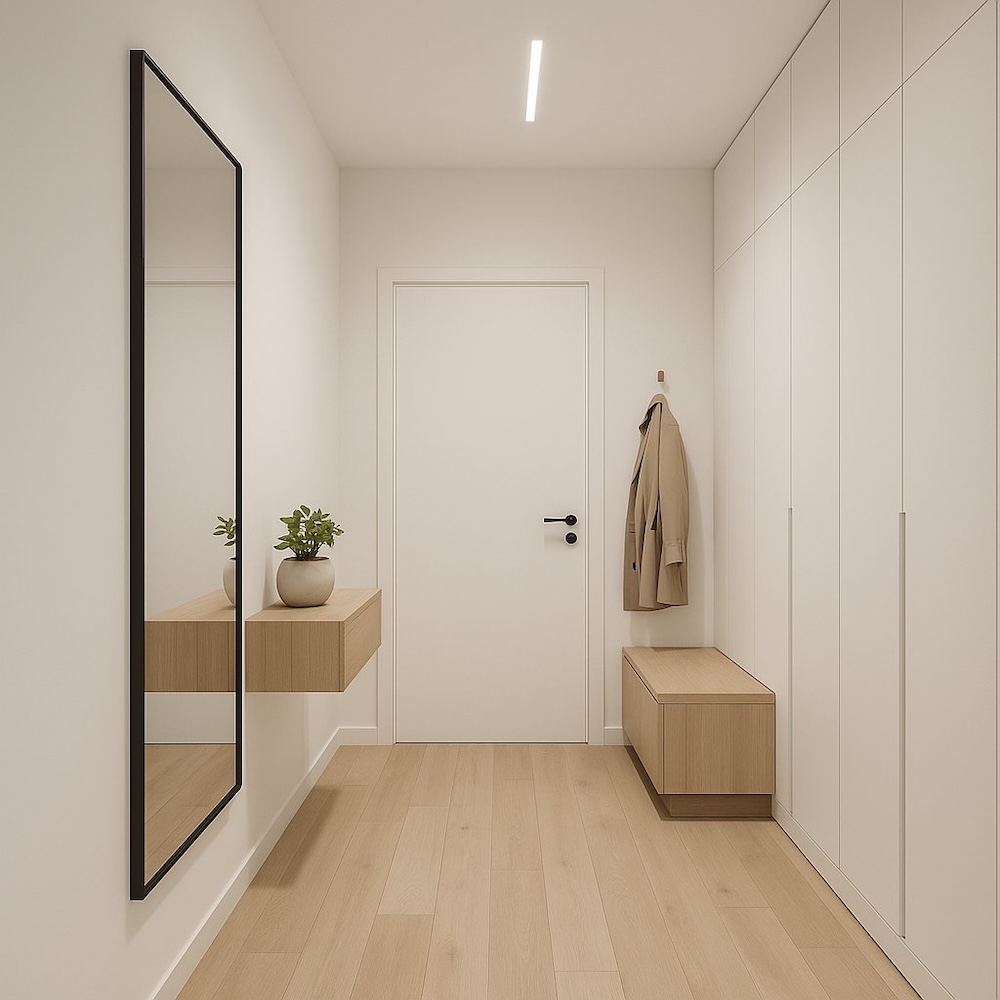 aranżacje przedpokoju z białą zabudową i lustrem w ramie  aranżacje przedpokoju - jasna szafa po prawej stronie i lustro w czarnej ramie