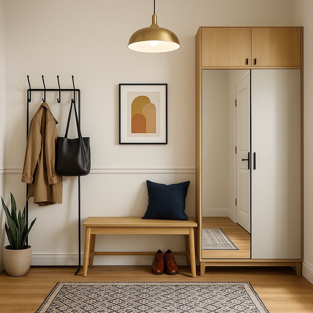 aranżacje przedpokoju z szafą i czarnym wieszakiem obok ławki  aranżacje przedpokoju z drewnianą szafą i lustrem obok ławki