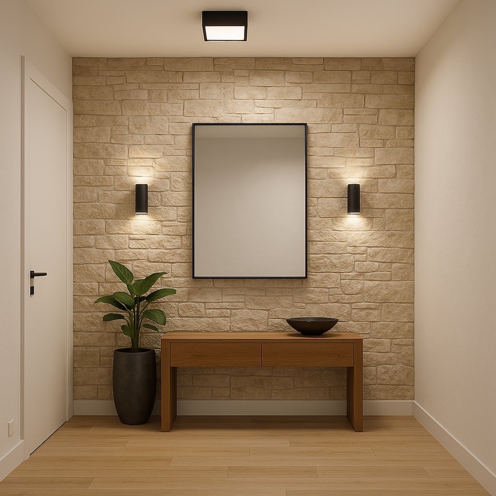 aranżacje przedpokoju z jedną ścianą wykończoną jasnym kamieniem  aranżacje przedpokoju z kamieniem na ścianie za lustrem i szafką