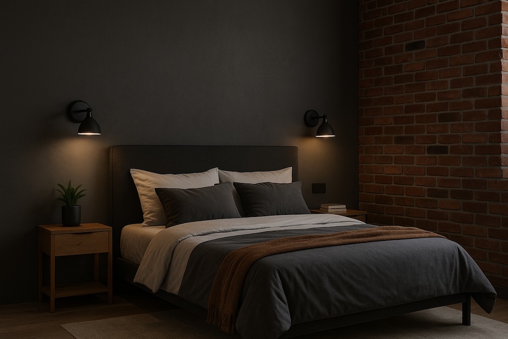 ciemna sypialnia z łóżkiem i dwiema lampami na ścianie  loftowa sypialnia z ciemnym łóżkiem i dwiema lampami po obu stronach