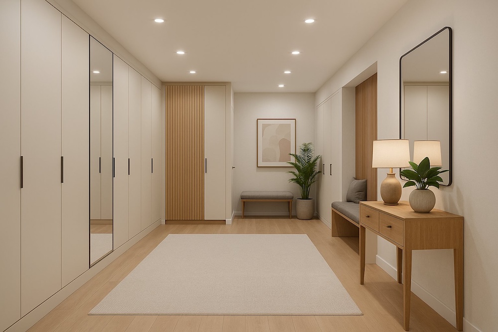 jasny przedpokój z białymi szafami i szarymi siedziskami  przedpokój z dywanem na podłodze i lamelami na ścianach