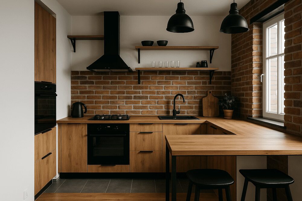 kuchnia z cegłą na ścianach i drewnianą zabudową  industrialna kuchnia z drewnianymi frontami i cegłą na ścianie