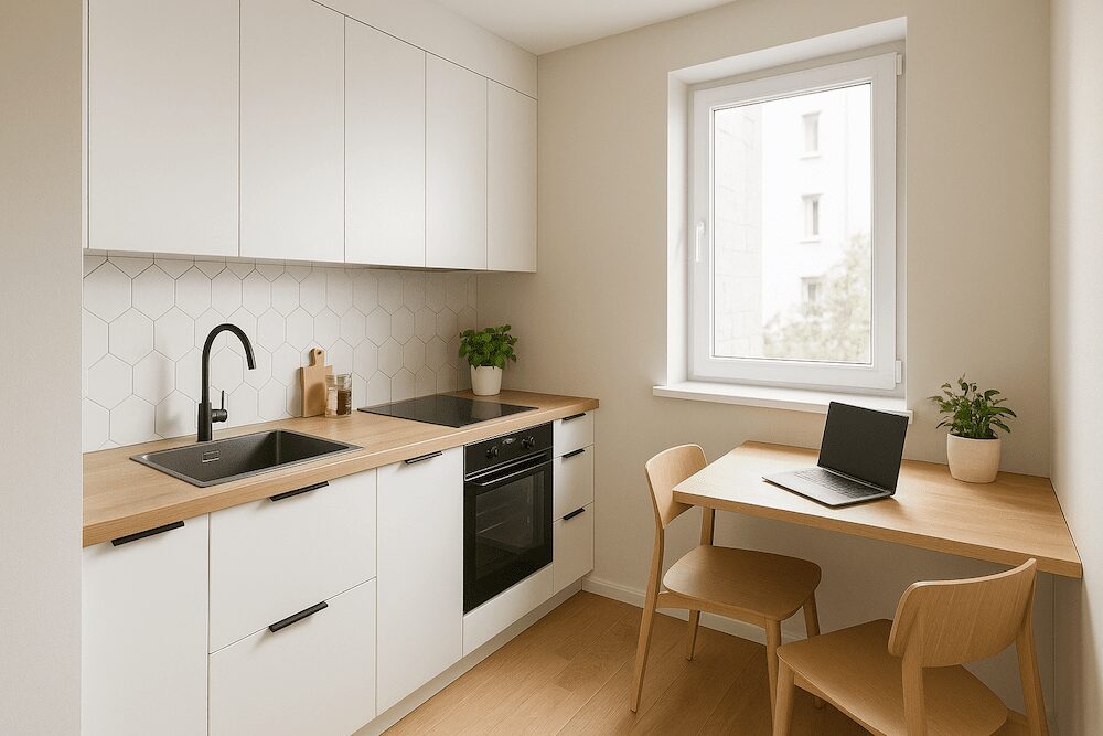 kuchnia z białymi szafkami i drewnianym stołem z krzesłami przy oknie  mała kuchnia z zabudową pod ścianą i stołem w rogu z dwoma krzesłami
