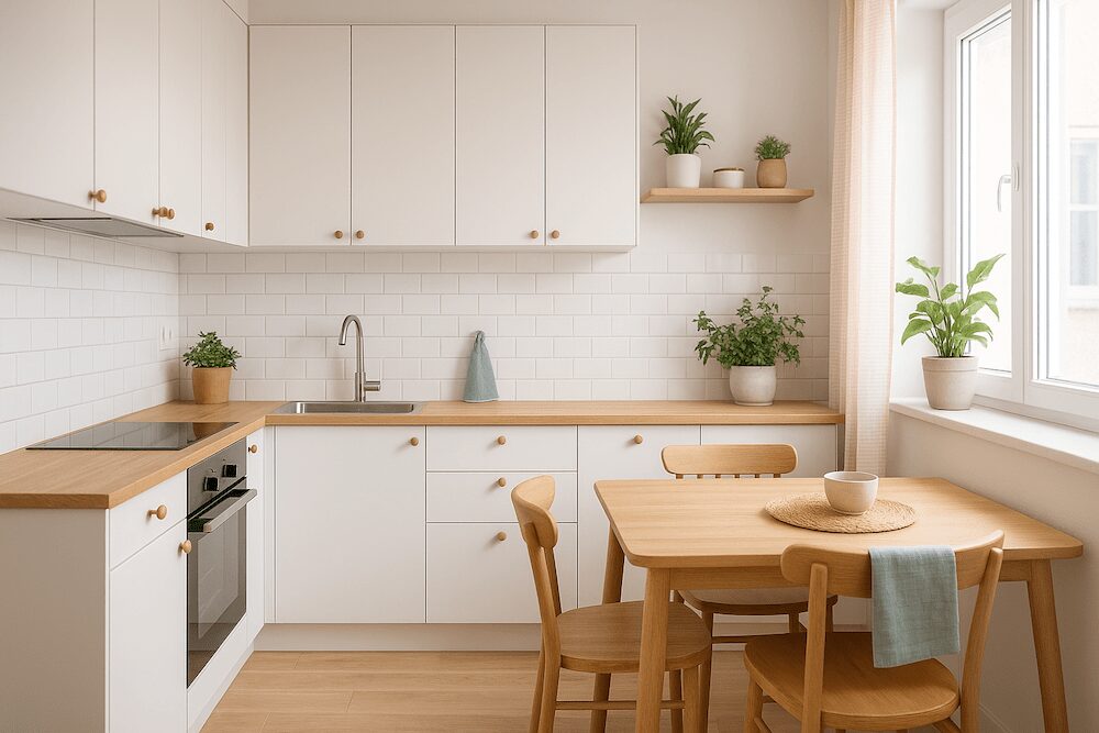 kuchnia ze stołem jadalnianym z drewna i krzesłami  kuchnia z białą zabudową i drewnianymi uchwytami obok stołu z trzema krzesłami