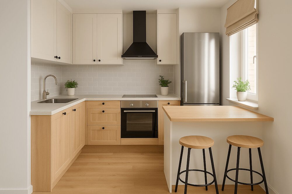 kuchnia z półwyspem z drewnianym blatem i dwoma hokerami  kuchnia z drewnianą zabudową i półwyspem z hokerami