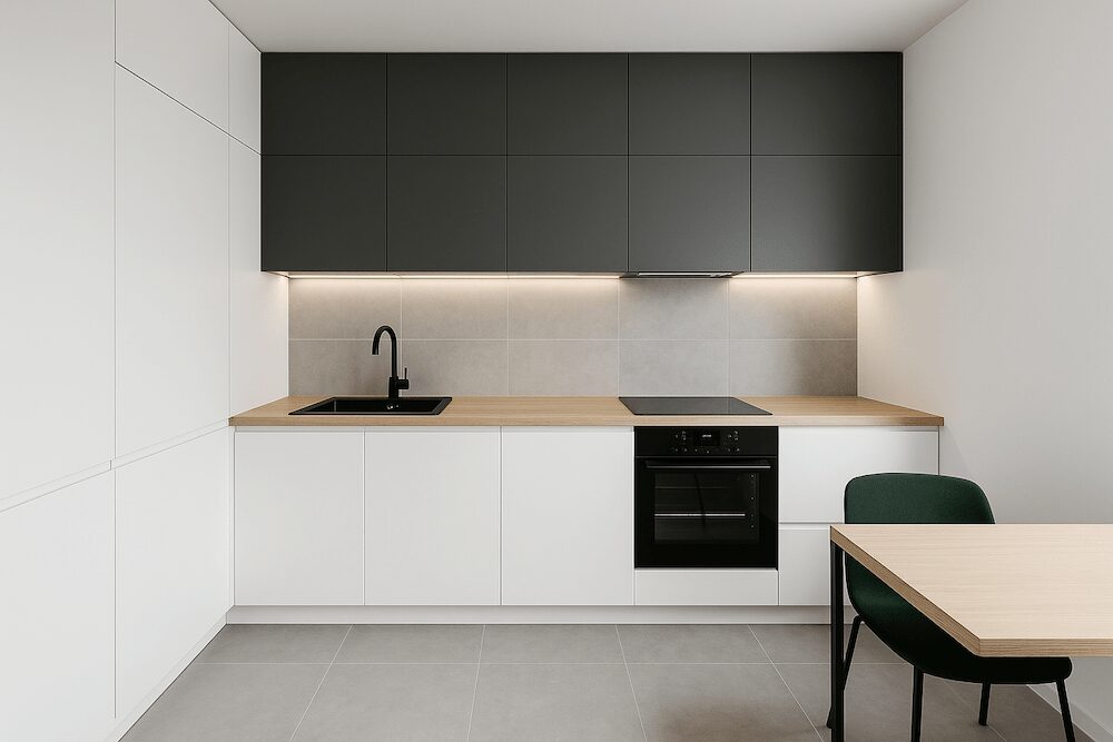 kuchnia urządzona w kolorach czerni i bieli  kuchnia z białymi szafkami dolnymi i czarnymi frontami u góry