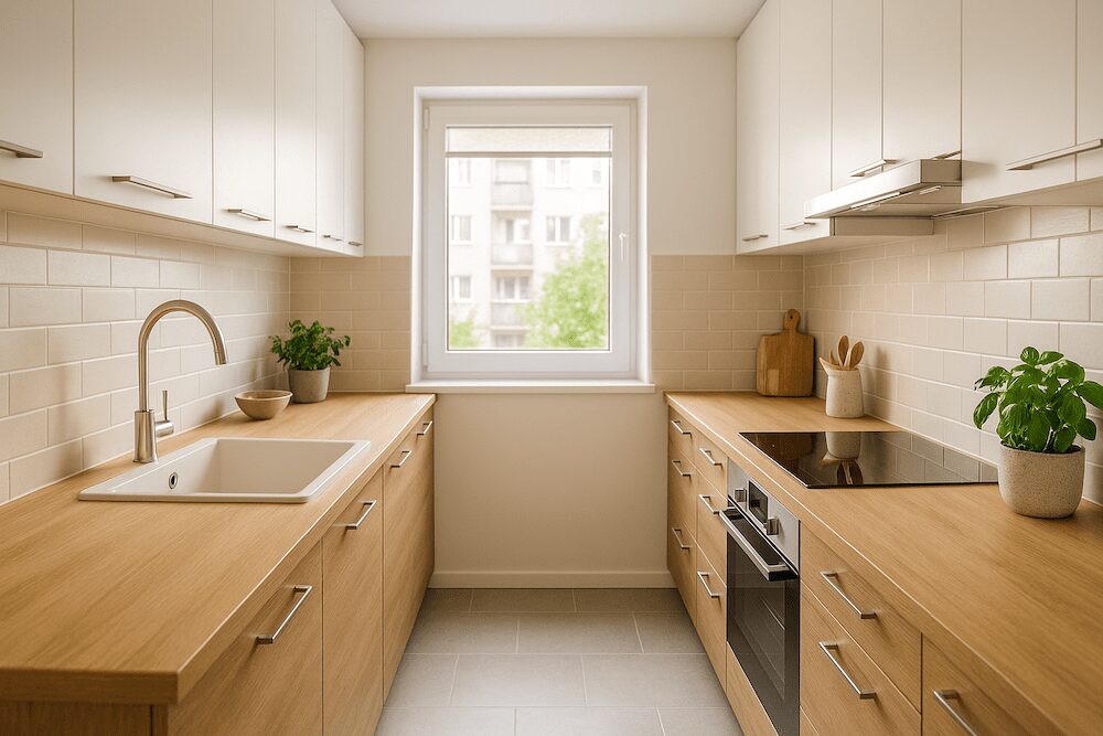 mała kuchnia w bloku z oknem na środku i zabudową po obu stronach / mała kuchnia w bloku - szafki po obu stronach pomieszczenia