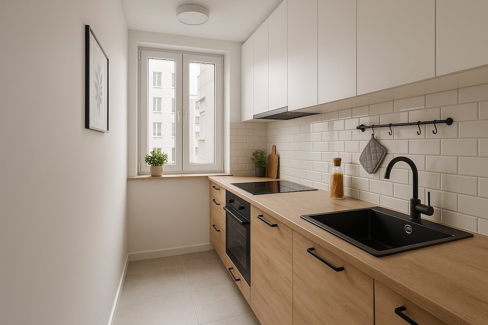 mała kuchnia w bloku - wąski układ z jednorzędową zabudową  mała kuchnia w bloku - układ jednorzędowy z szafkami przy oknie