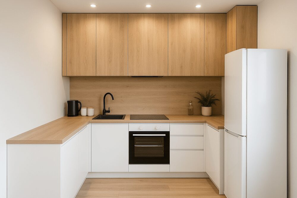 mała kuchnia w bloku z zabudową w kształcie litery L  mała kuchnia w bloku z szafkami w układzie L