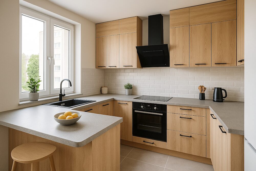 mała kuchnia w bloku zaprojektowana w kształcie litery U  mała kuchnia w bloku z zabudową w kształcie litery U