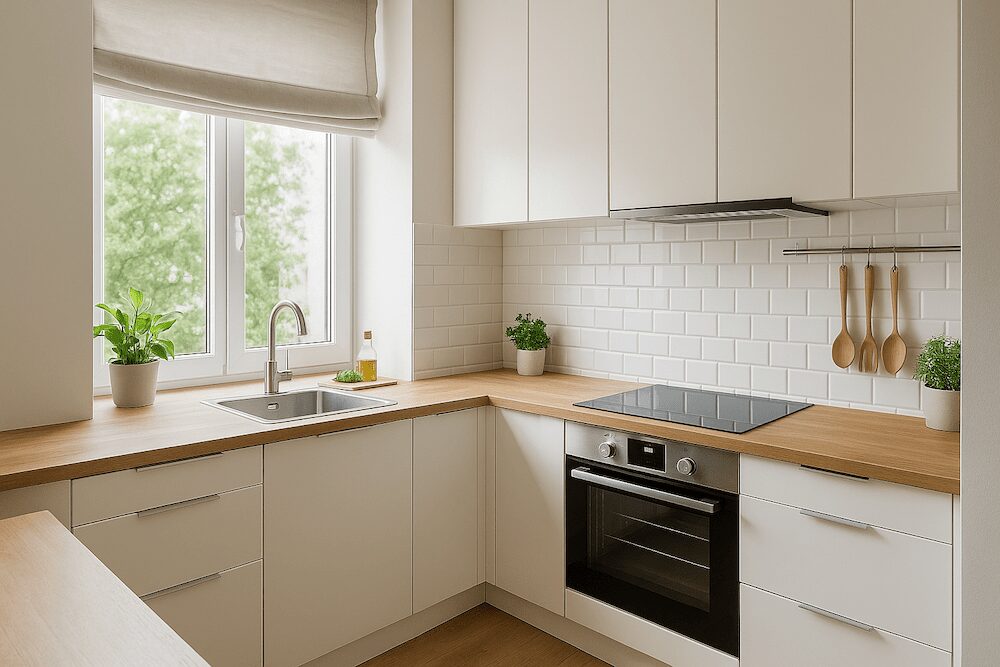 mała kuchnia w bloku z drewnianymi blatami i oknem z roletą rzymską  mała kuchnia w bloku ze zlewem przy oknie