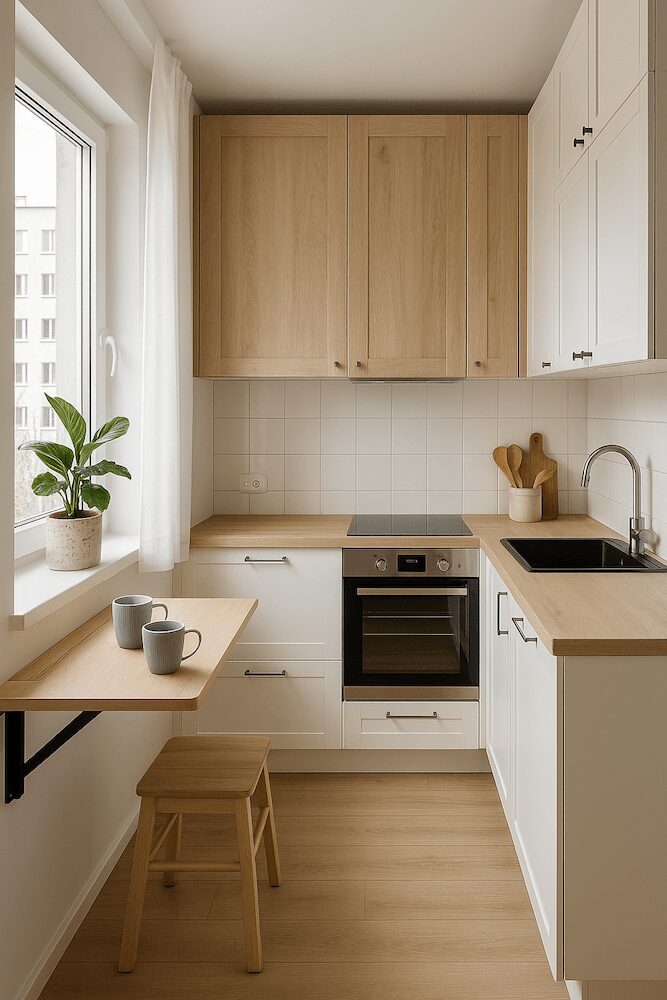 mała kuchnia w bloku ze stołem składanym przy oknie  mała kuchnia w bloku z rozkładanym blatem i taboretem