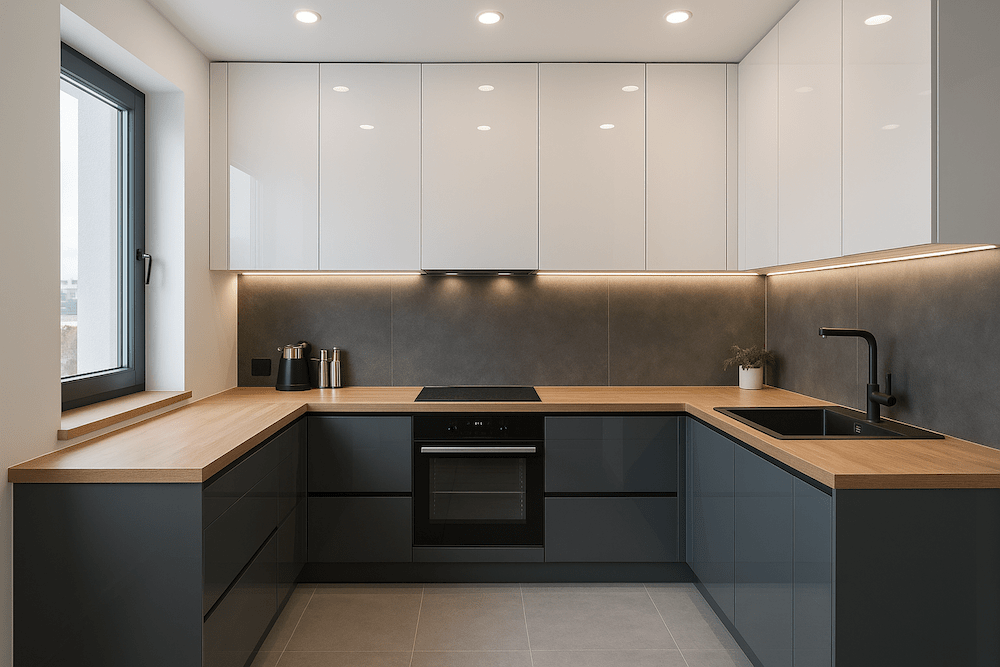 nowocześnie urządzona kuchnia z minimalistycznymi frontami  kuchnia z dolnymi szafkami w czarnym kolorze i górnymi w białym