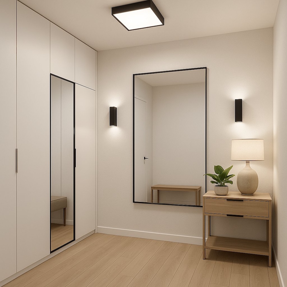 przedpokój z lustrem obok szafki w rogu z lampą  mały przedpokój z szafką z białymi frontami i lustrem na ścianie