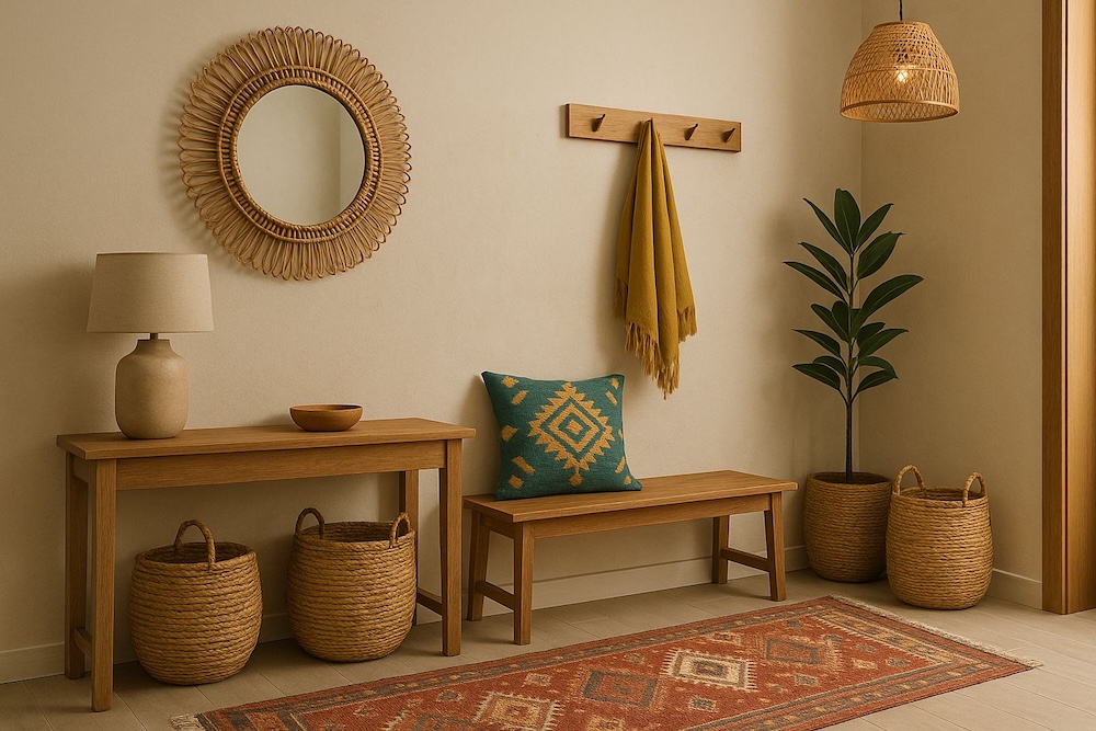 przedpokój z dodatkami boho i meblami z drewna  przedpokój z drewnianymi meblami i elementami w stylu boho