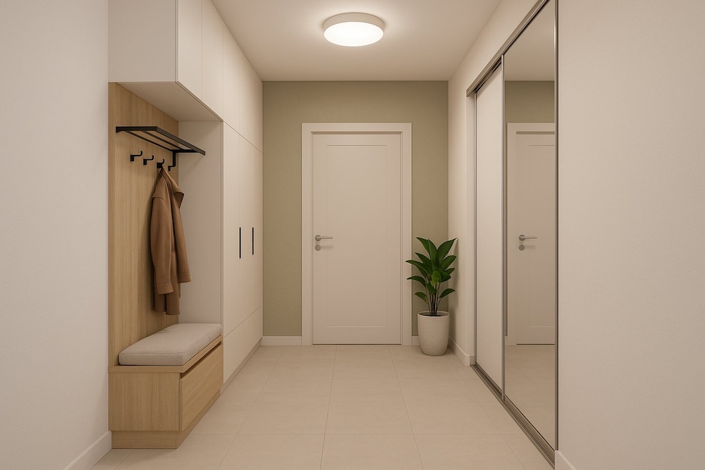 jasny przedpokój z biało-zielonymi ścianami i zabudową  przedpokój z zieloną ścianą i białą zabudową z lustrem i siedziskiem