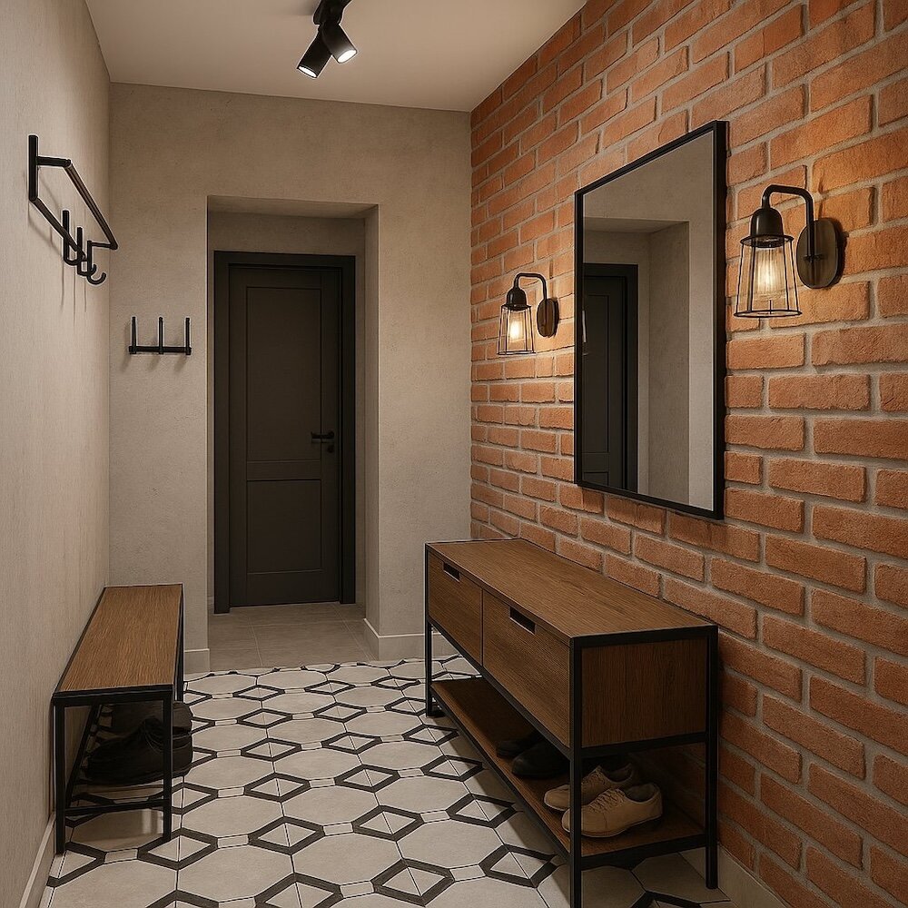 przedpokój z cegłą na ścianie i czarno-białymi kafelkami na podłodze  przedpokój ze ścianą z cegły i lustrem nad ciemną komodą