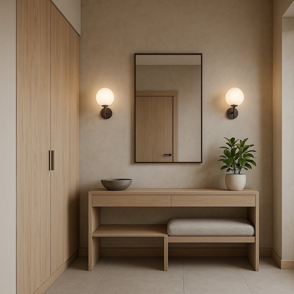 przedpokój z lustrem w czarnej ramie z dwiema lampami  jasny przedpokój z meblami z drewna i lustrem w czarnej ramie