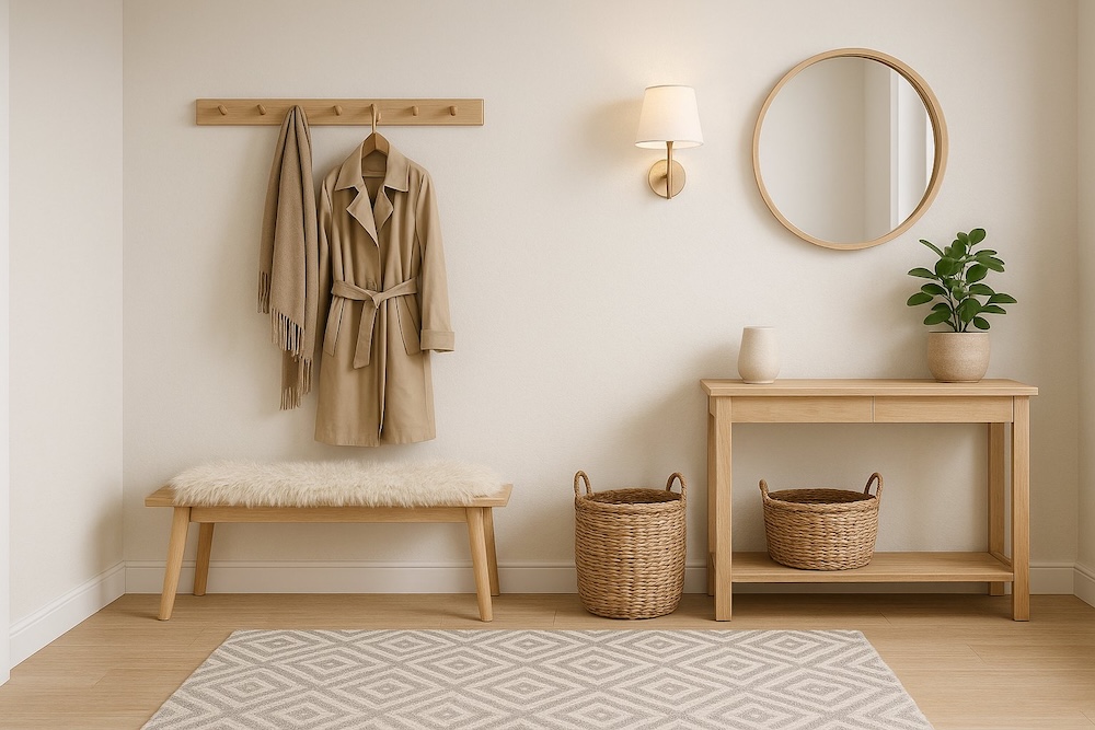 przedpokój z drewnianą szafką i ławką pod białą ścianą  przedpokój w stylu skandynawskim z drewnianą szafką pod okrągłym lustrem