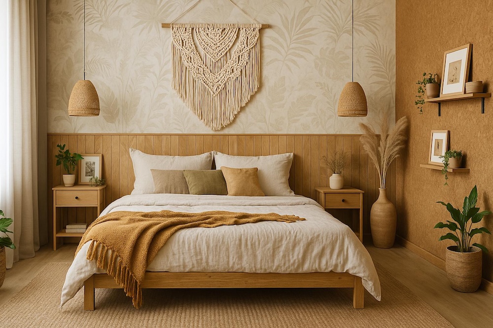 ściany w sypialni - boho tapeta i makrama nad łóżkiem ściany w sypialni w stylu boho z jasną tapetą i drewnianą boazerią