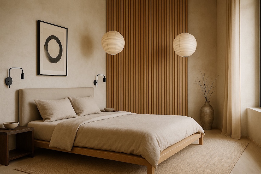 ściany w sypialni w stylu japandi z drewnem i obrazem  ściany w sypialni w jasnym kolorze z lamelami pod sufit