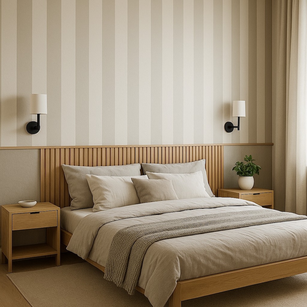 ściany w sypialni w pionowe paski w kolorze beżu  ściany w sypialni w beżowe paski