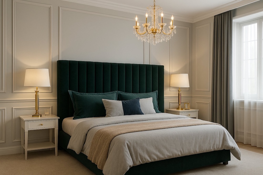 ściany w sypialni glamour - jasna farba i biała sztukateria za łóżkiem  ściany w sypialni wykończone sztukaterią za dużym łóżkiem z zielonym obiciem