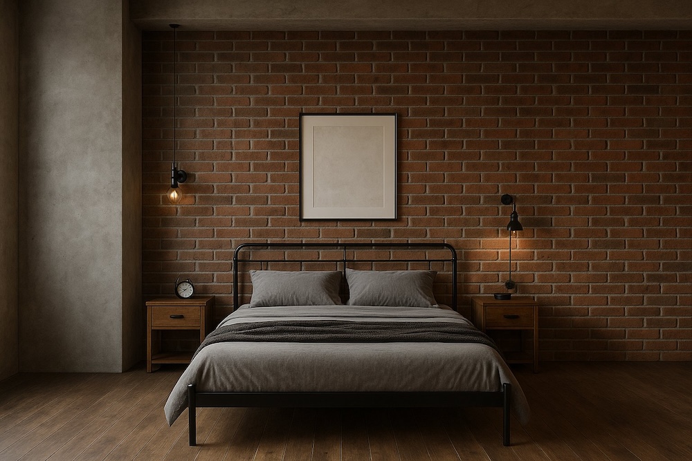 ściany w sypialni industrialnej z cegłą w czerwonym kolorze  ściany w sypialni wykończone cegłą z białym obrazem w czarnej ramie