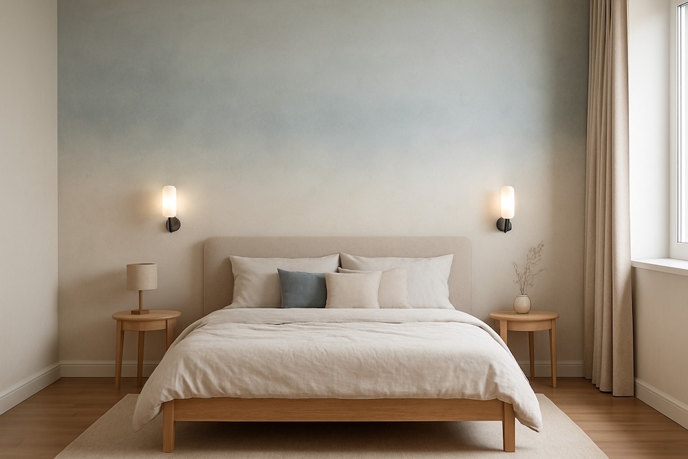 ściany w sypialni pomalowane w niebiesko-kremowe ombre  ściany w sypialni z efektem biało-niebieskim ombre