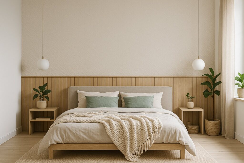 ściany w sypialni w stylu skandynawskim z jasną boazerią  ściany w sypialni z jasnym wykończeniem i boazerią z drewna za łóżkiem