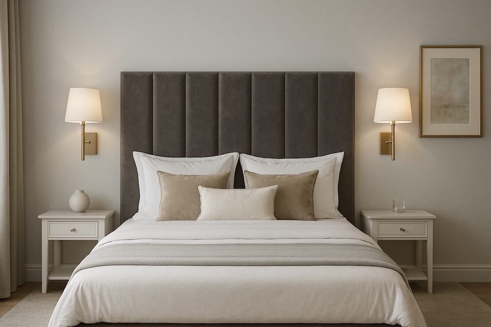 jasna sypialnia z łóżkiem i szarymi panelami z weluru na ścianie  panele z szarego weluru na łóżkiem w jasnej sypialni z dwiema lampami
