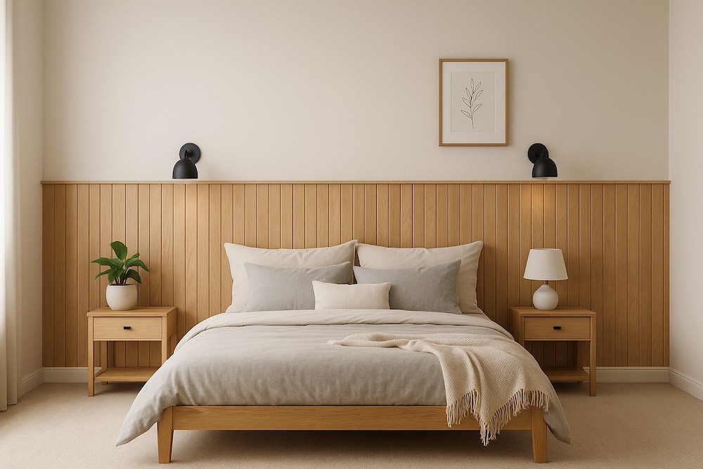 sypialnia z drewnem na ścianie za łóżkiem jasna sypialnia z drewnianymi meblami i boazerią