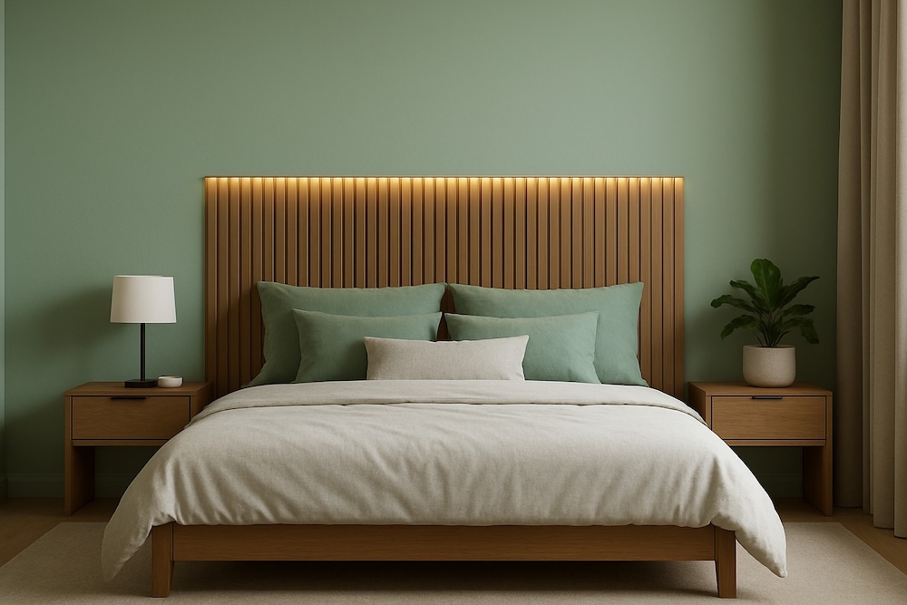 zielona sypialnia z łóżkiem i zagłówkiem z podświetlonymi lamelami  sypialnia z zieloną ścianą i lamelami z podświetleniem LED